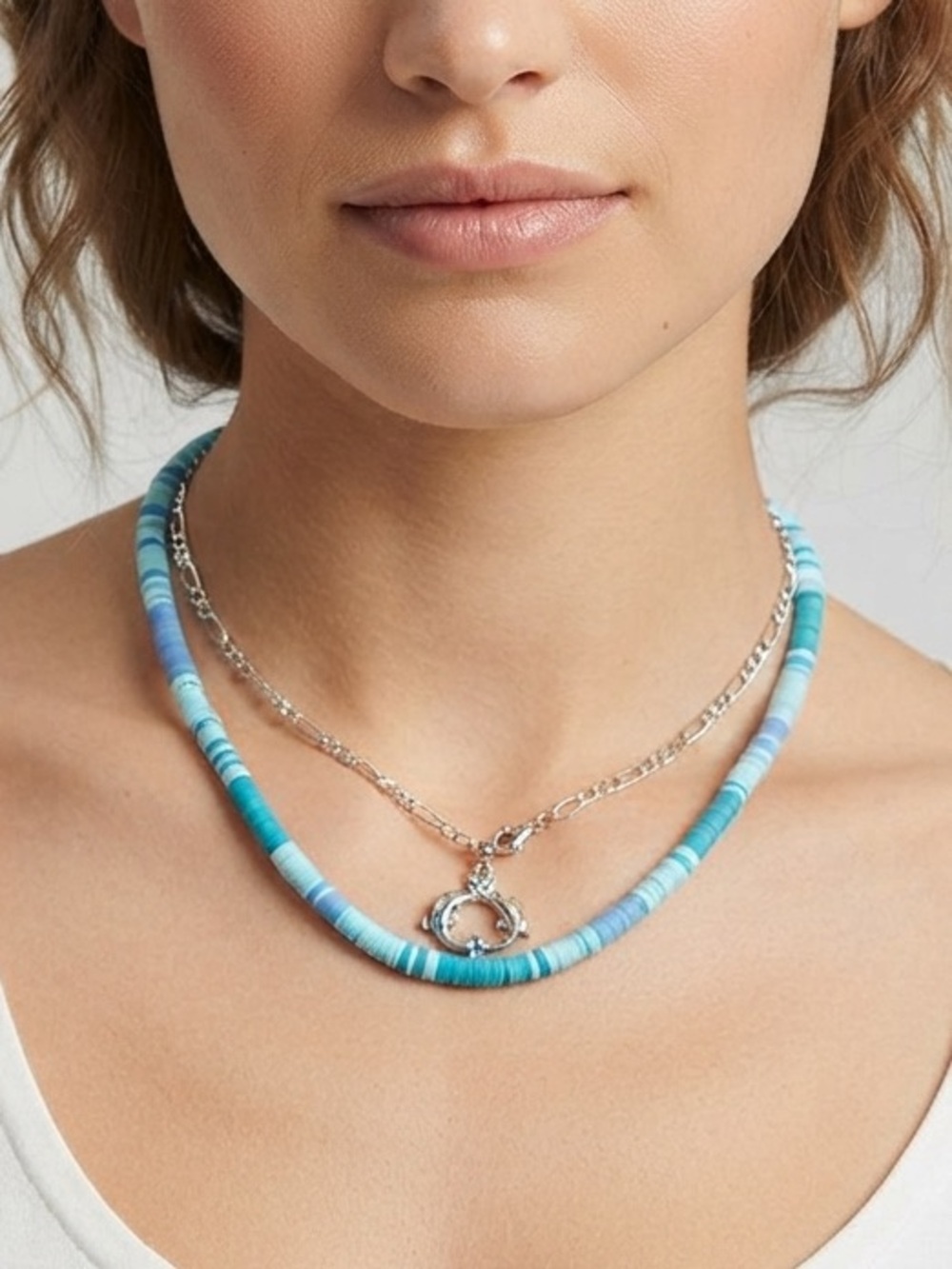 Urban Outfitters Teal Gradient Beaded Necklace with Silver Claddagh Charm